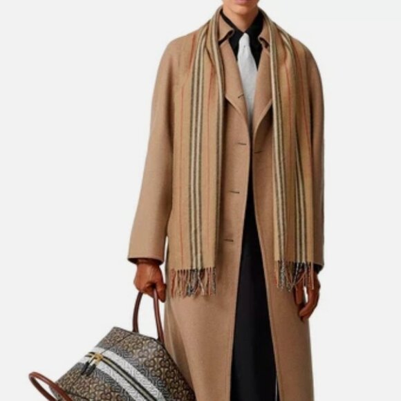 Burberry Women Unisex Icon House Stripe Cashmere Scarf, Beige Camel Tan NWT $470 - Picture 1 of 13